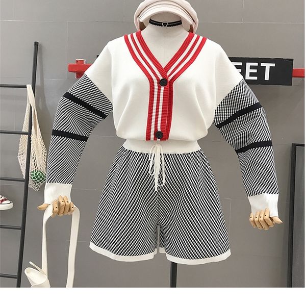 amolapha women knit striped jackets+shorts sets long sleeve v neck single breasted jumpers coats short pants suits for woman 201109, Black;brown 
amolapha women knit striped jackets+shorts sets long sleeve v neck single breasted jumpers coats short pants suits for woman 201109, Black;brown