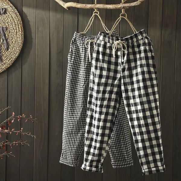 spring new arts style women elastic waist casual ankle-length pants cotton linen loose plaid harem pants plus size s743 201113, Black;white
spring new arts style women elastic waist casual ankle-length pants cotton linen loose plaid harem pants plus size s743 201113, Black;white