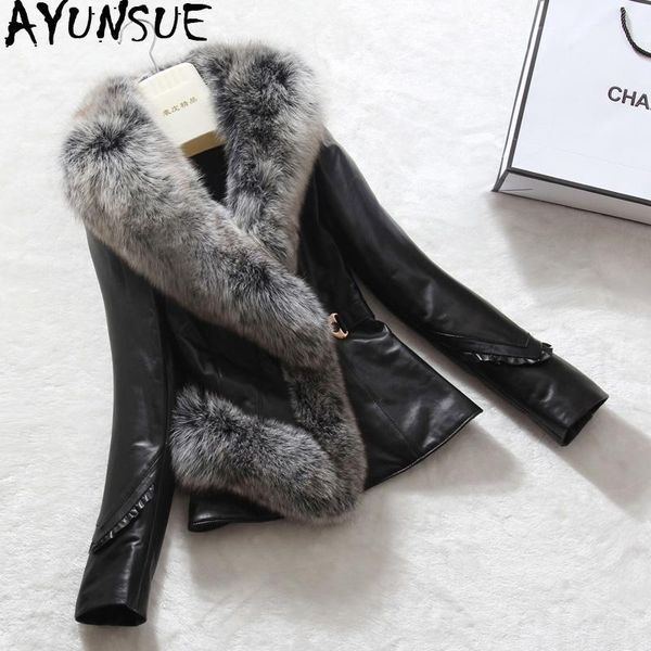 women's leather & faux ayunsue real jacket winter coat women fur collar down genuine sheepskin chaqueta mujer x-5566, Black
women's leather & faux ayunsue real jacket winter coat women fur collar down genuine sheepskin chaqueta mujer x-5566, Black