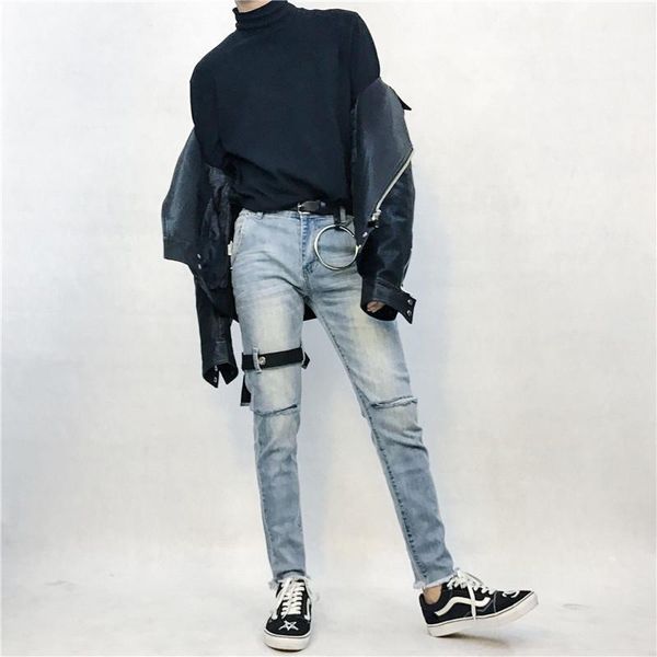 korean version of the original fashion personality tie knee hole cowboy 9 minutes pants men and women the same style.1, Blue
korean version of the original fashion personality tie knee hole cowboy 9 minutes pants men and women the same style.1, Blue