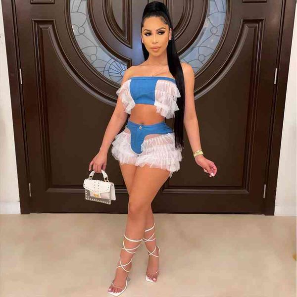 black white mesh sheer 2 piece club outfit women off shoulder crop and see through biker short ruched ruffles, Gray
