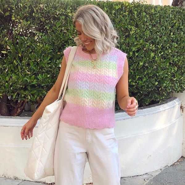 women sleeveless vest autumn fashion wild colorful striped round neck casual loose knitted sweater daily streetwear for ladies1, Black;white
women sleeveless vest autumn fashion wild colorful striped round neck casual loose knitted sweater daily streetwear for ladies1, Black;white