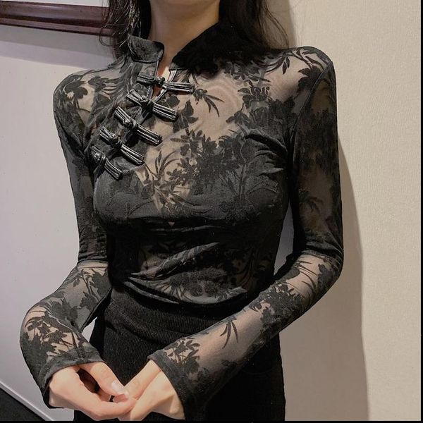 girls transparent lace blouses shirts tees female chinese style turtleneck vintage full sleeve black blouses for women, White
girls transparent lace blouses shirts tees female chinese style turtleneck vintage full sleeve black blouses for women, White