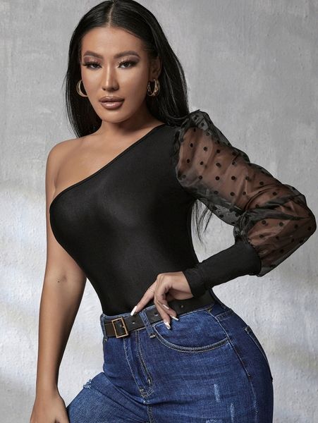 petite one shoulder polka dot mesh bishop sleeve 42kd#, White
petite one shoulder polka dot mesh bishop sleeve 42kd#, White