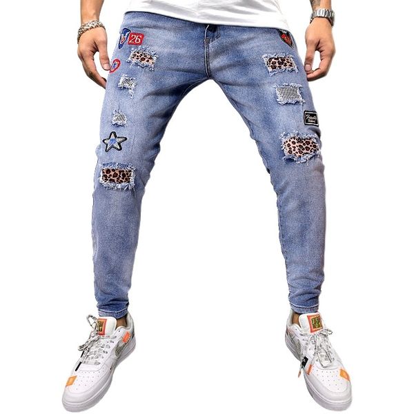 men euroyards men's ripped leopard print patchwork pencil jeans, Blue
men euroyards men's ripped leopard print patchwork pencil jeans, Blue