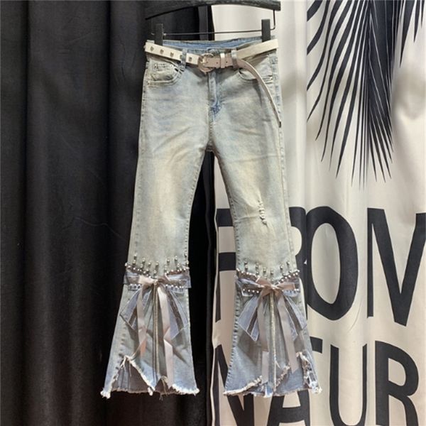 village high waist jeans women ripped cropped jeans women's spring new irregular beaded bow flared denim pants ladies jeans 201106, Blue
village high waist jeans women ripped cropped jeans women's spring new irregular beaded bow flared denim pants ladies jeans 201106, Blue