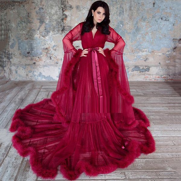 long sleeves feather tulle evening dresses burgundy formal party prom dress plus size custom made robe de soiree, Black;red
long sleeves feather tulle evening dresses burgundy formal party prom dress plus size custom made robe de soiree, Black;red