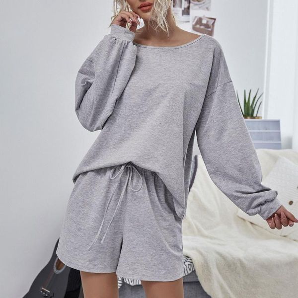 2pcs casual women suit fashion t-shirt shorts o neck long sleeves set drawstring homewear sets, Gray
2pcs casual women suit fashion t-shirt shorts o neck long sleeves set drawstring homewear sets, Gray