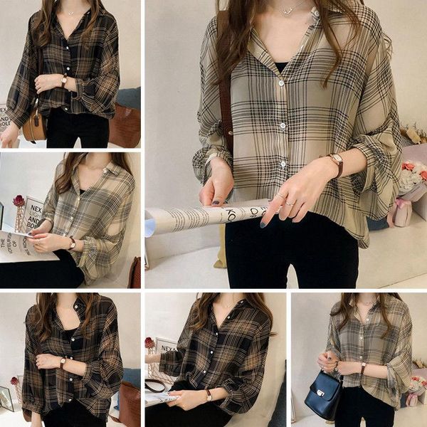 women's blouses & shirts women lantern sleeve button plaid printed cotton ladies baggy korean style chic blouse plus size, White
women's blouses & shirts women lantern sleeve button plaid printed cotton ladies baggy korean style chic blouse plus size, White