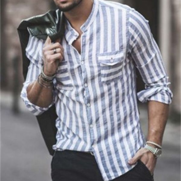 2021 europe and america men's clothing striped linen shirt flax pocket collar long sleeve d5o2, White;black
2021 europe and america men's clothing striped linen shirt flax pocket collar long sleeve d5o2, White;black