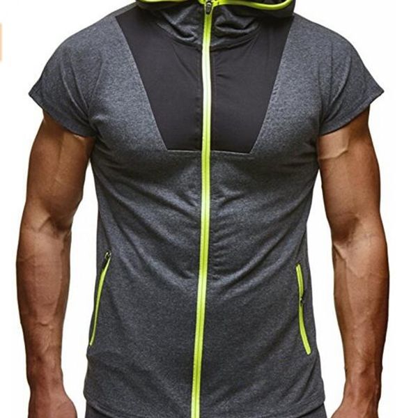 men sports casual zipper up tshirts candy color patched short sleeved active athletic hooded tshirts, White;black
men sports casual zipper up tshirts candy color patched short sleeved active athletic hooded tshirts, White;black