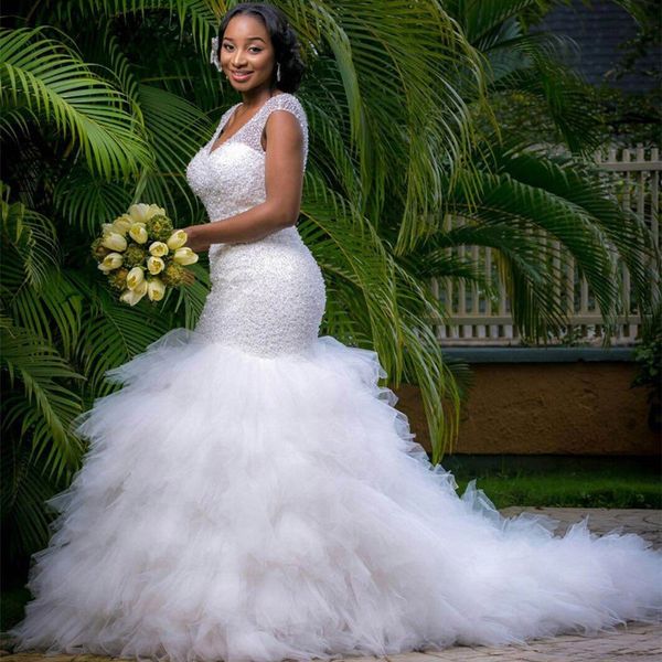 african long formal beaded tulle trumpet bridal gowns embroidered designs lace up satin beading mermaid tiered wedding dress backless bd008, White
african long formal beaded tulle trumpet bridal gowns embroidered designs lace up satin beading mermaid tiered wedding dress backless bd008, White