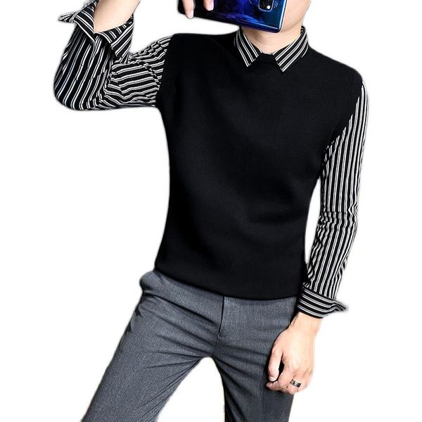 men's sweater jacket fake two-piece autumn fashion shirt collar striped autumn and winter knitted sweater bottoming shirt, White;black
men's sweater jacket fake two-piece autumn fashion shirt collar striped autumn and winter knitted sweater bottoming shirt, White;black