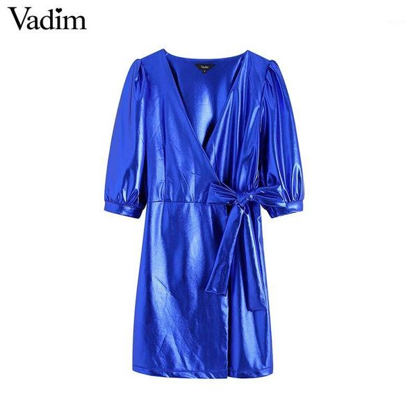 vadim womem stylich shiny blue wrap dress v neck cross design bow tie sashes half sleeve party club mini dresses vestidos qd0011, Black;gray
vadim womem stylich shiny blue wrap dress v neck cross design bow tie sashes half sleeve party club mini dresses vestidos qd0011, Black;gray