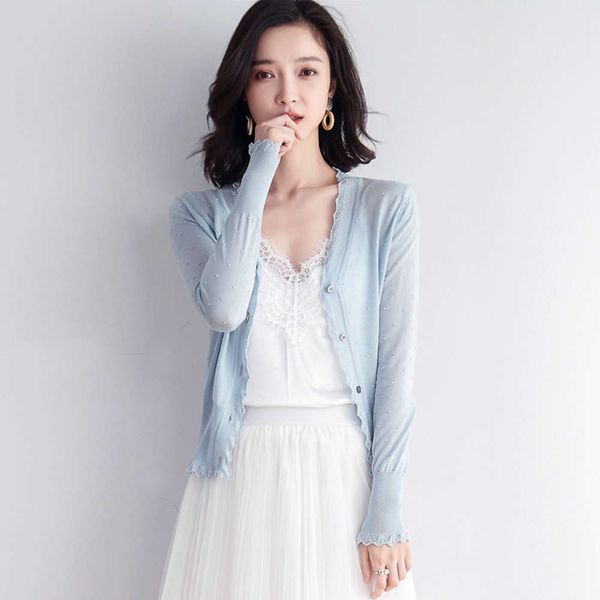 women's 2020 summer new fashion lace stitching v-neck single breasted sweater cardigan shawl, White;black
women's 2020 summer new fashion lace stitching v-neck single breasted sweater cardigan shawl, White;black