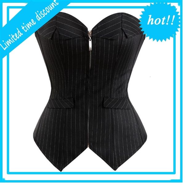 office professional overbust front zipper bustier lace up boned black stripe corset lingerie top, Black;white
office professional overbust front zipper bustier lace up boned black stripe corset lingerie top, Black;white