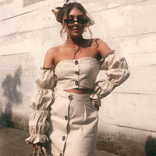 women's t-shirt 2021 summer long puff sleeve slash neck women tee shirt with buttons solid cropped skinny feminina1, White
women's t-shirt 2021 summer long puff sleeve slash neck women tee shirt with buttons solid cropped skinny feminina1, White