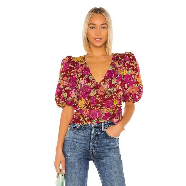 women stylish gold silk chiffon floral print blouse lantern half sleeve cross v-neck slant button female casual chic kg-1004, White
women stylish gold silk chiffon floral print blouse lantern half sleeve cross v-neck slant button female casual chic kg-1004, White