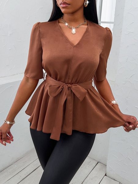 peplum hem belted satin blouse w1cc#, White