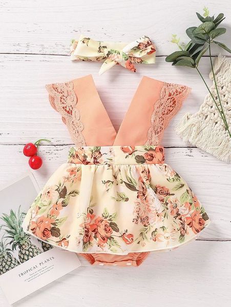 baby floral print contrast guipure lace bodysuit dress she, Red;yellow