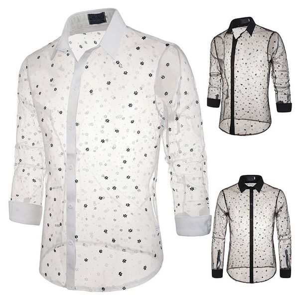 men's casual shirts lace through fashion mens long sleeve floral transparent night club stage dance dj men clothing, White;black
men's casual shirts lace through fashion mens long sleeve floral transparent night club stage dance dj men clothing, White;black