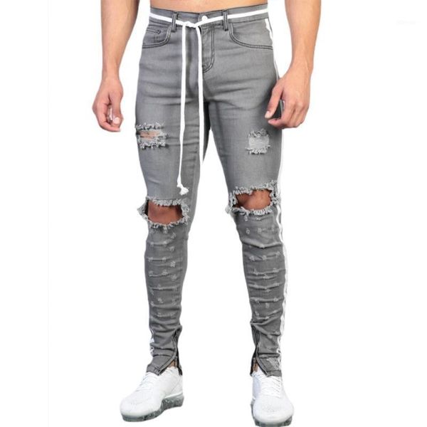 street style jeans for men fashion knee hole denim pants distressed grey slim fit pants bandage mens jeans1, Blue
street style jeans for men fashion knee hole denim pants distressed grey slim fit pants bandage mens jeans1, Blue