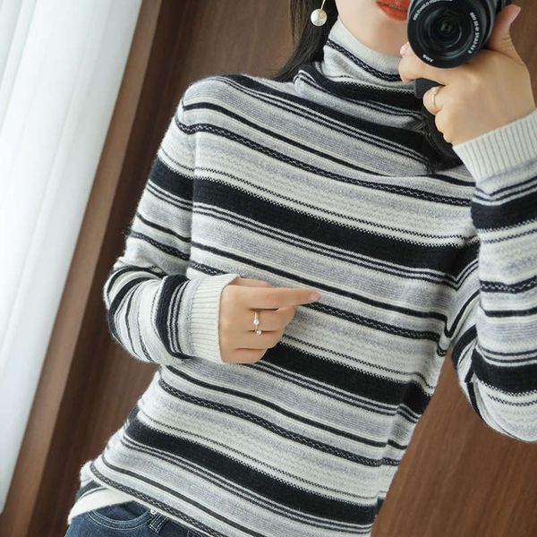 viphigh collar knitted for women's autumn and winter new pile neck striped elastic slim bottoming sweater, White;black
viphigh collar knitted for women's autumn and winter new pile neck striped elastic slim bottoming sweater, White;black