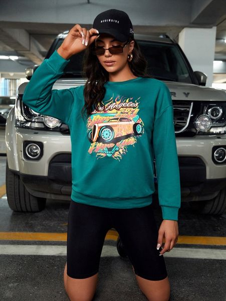 letter & car print drop shoulder pullover t5fl#, White;black