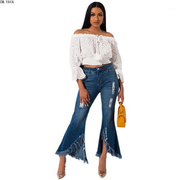 cm.yaya autumn winter women jeans fashion high waist bleached ripped washed skinny flare pants vintage classic trousers 89181, Blue 
cm.yaya autumn winter women jeans fashion high waist bleached ripped washed skinny flare pants vintage classic trousers 89181, Blue