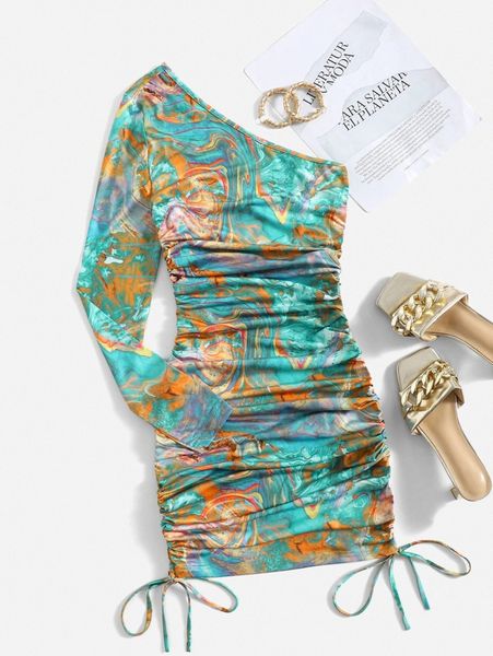 marble print drawstring side ruched one shoulder bodycon dress y0vj#, Black;gray