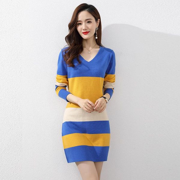 women's sweaters women v-neck striped mid-length sweater knitted bottoming clothing all-match dress, White;black
women's sweaters women v-neck striped mid-length sweater knitted bottoming clothing all-match dress, White;black