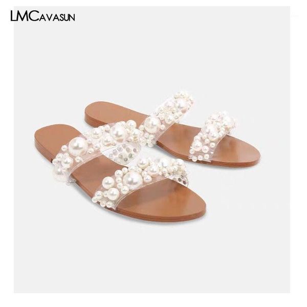 lmcavasun summer pearl women slides slip on clear upper women flat slippers1, Black
