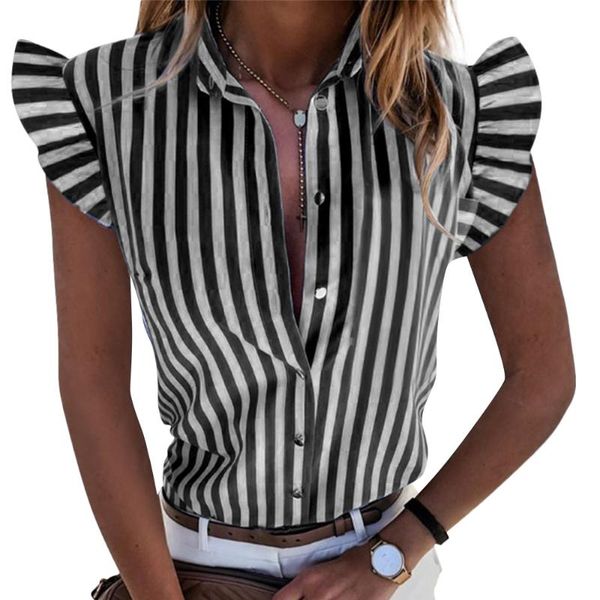 women's blouses & shirts eleagnt striped print women summer ruffles shorts sleeve femme casual button ladies blouse offices blusa q30, White
women's blouses & shirts eleagnt striped print women summer ruffles shorts sleeve femme casual button ladies blouse offices blusa q30, White