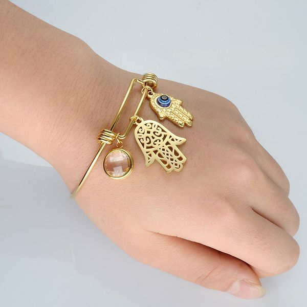 

Stinless Steel Evil Eye Fatima Hand Charm Bangle Adjustable Bracelet with Rhinestone