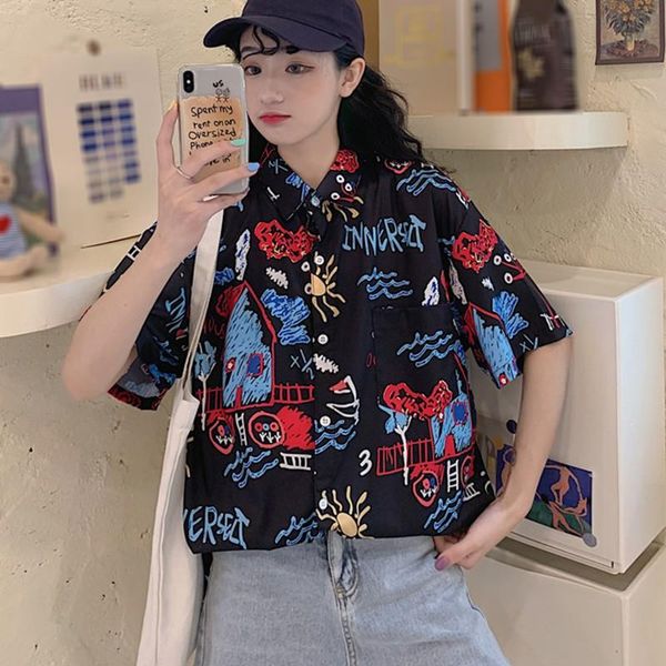 beach style shirt streetwear cartoon graffiti print lapel shirts loose casual short sleeve blouse couple wear, White
beach style shirt streetwear cartoon graffiti print lapel shirts loose casual short sleeve blouse couple wear, White