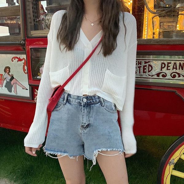 women summer knitted short cardigan female v neck shirt thin loose female cardigan coat lady long sleeve sweater with pocket, White
women summer knitted short cardigan female v neck shirt thin loose female cardigan coat lady long sleeve sweater with pocket, White