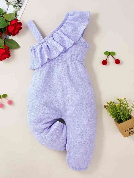 baby asymmetrical neck ruffle trim jumpsuit she, Blue
