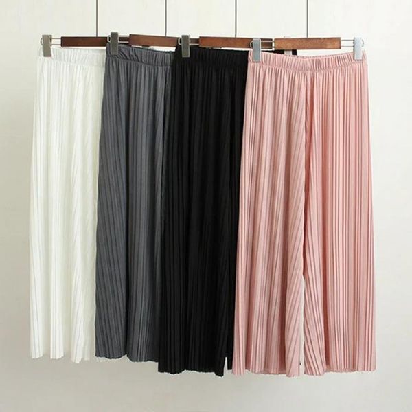 women solid color pleated wide leg pants elastic waist cropped trousers culottes drop shipping good quality, Black;white
women solid color pleated wide leg pants elastic waist cropped trousers culottes drop shipping good quality, Black;white