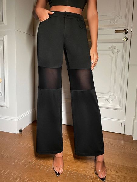 high waist mesh insert flare leg pants 09qv#, Black;white