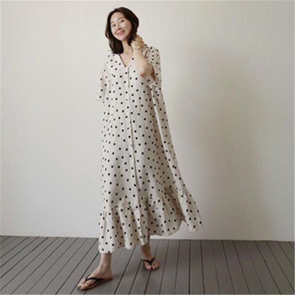 short sleeves pullover loose dresses polka dots printed ruffles bottom v-neck korea styles dress kg-131, Black;gray
short sleeves pullover loose dresses polka dots printed ruffles bottom v-neck korea styles dress kg-131, Black;gray