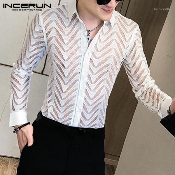 men's casual shirts fashion men dress shirt lace long sleeve transparent mesh 2021 party nightclub mens breathable camisa s-5xl incerun, White;black
men's casual shirts fashion men dress shirt lace long sleeve transparent mesh 2021 party nightclub mens breathable camisa s-5xl incerun, White;black