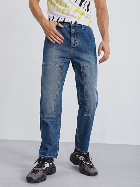 men bleach wash paneled jeans g1ac#, Blue