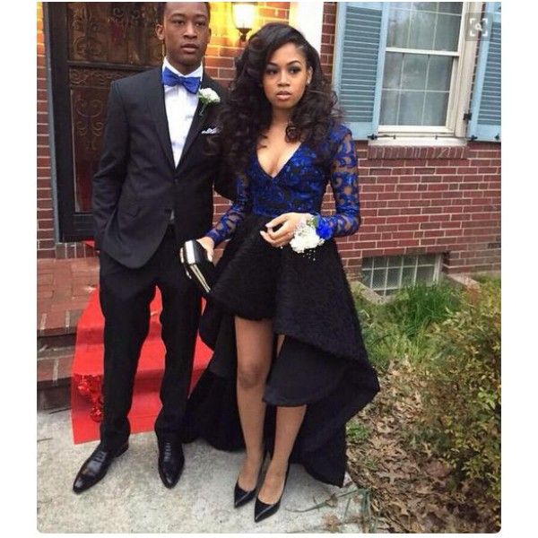 deep v neck long sleeves black lace high low evening dresses appliques summer party gowns a line with royal blue appliques, Black;red
deep v neck long sleeves black lace high low evening dresses appliques summer party gowns a line with royal blue appliques, Black;red