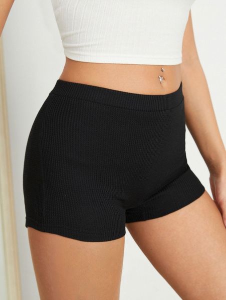 waffle knit solid biker shorts t2px#, Black