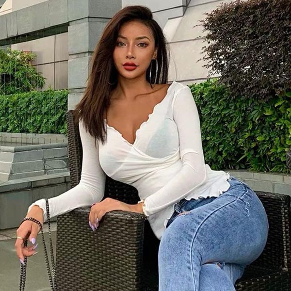 women's t-shirt thin cross v-neck low cut long sleeve slim ruffle autumn solid loose casual women 8a68, White
women's t-shirt thin cross v-neck low cut long sleeve slim ruffle autumn solid loose casual women 8a68, White