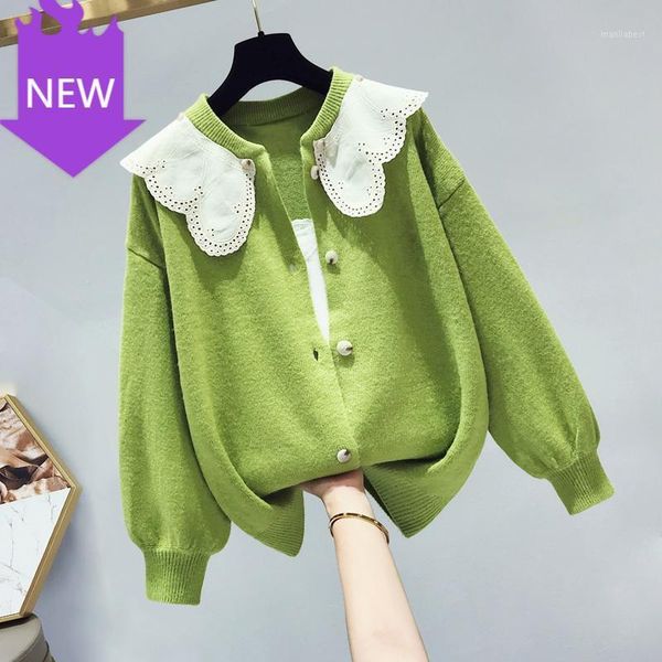 single-breasted patchwork sweater trendy fashion cute coats 2020 autumn sweet knitting cardigans doll collar long sleeve1, White 
single-breasted patchwork sweater trendy fashion cute coats 2020 autumn sweet knitting cardigans doll collar long sleeve1, White