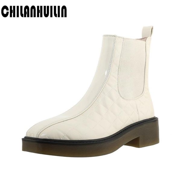 boots print genuine leather short women square toe british block heel slip-on ankle dress shoes, Black