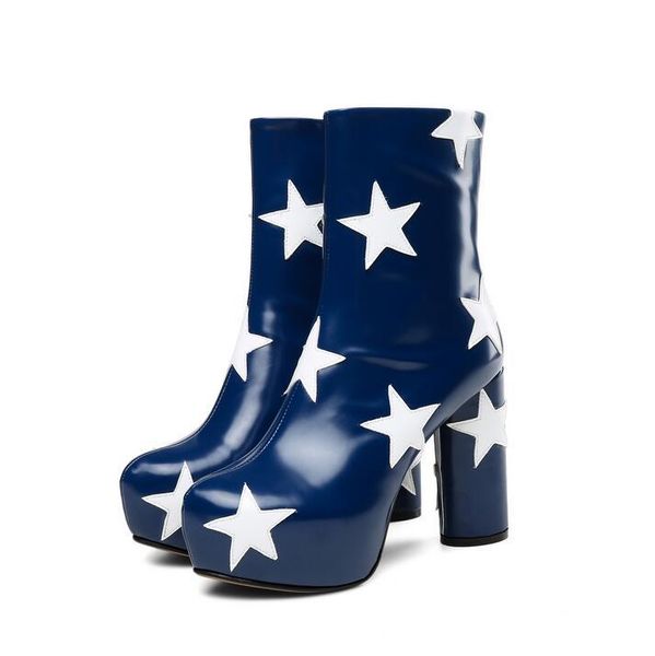 new arrivals womens boots ankle blue patent leather star print chunky heels high platform boots round toe winter ridding, Black
new arrivals womens boots ankle blue patent leather star print chunky heels high platform boots round toe winter ridding, Black