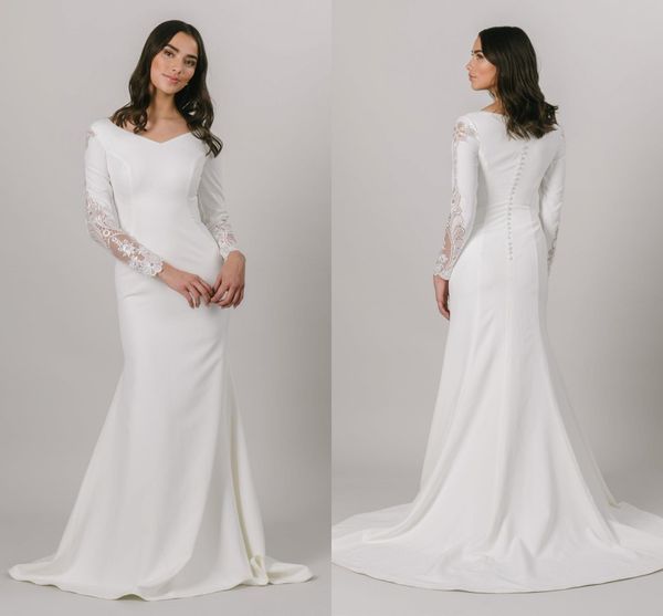 simple mermaid crepe modest wedding dresses with long sleeves v neck buttons back mermaid boho country bridal gowns lds bride dress, White
simple mermaid crepe modest wedding dresses with long sleeves v neck buttons back mermaid boho country bridal gowns lds bride dress, White
