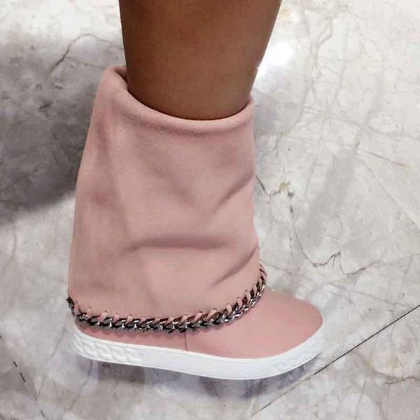 ladies metal chains rim boots woman suede leather height increased rubber sole roman round toe slip on mid-calf boots, Black
ladies metal chains rim boots woman suede leather height increased rubber sole roman round toe slip on mid-calf boots, Black